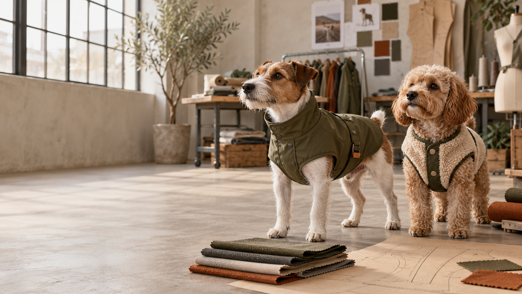 Dogs wearing tailored pet jackets in a garment studio