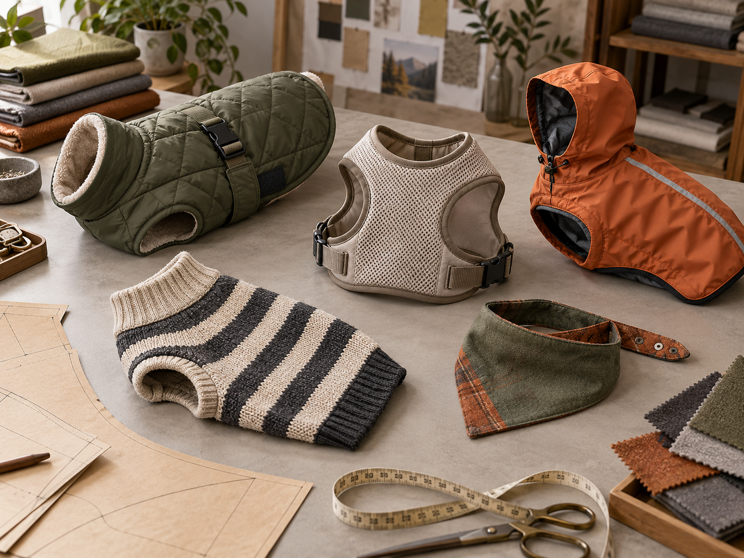 Pet coats, rain shells and knitwear on a sampling table