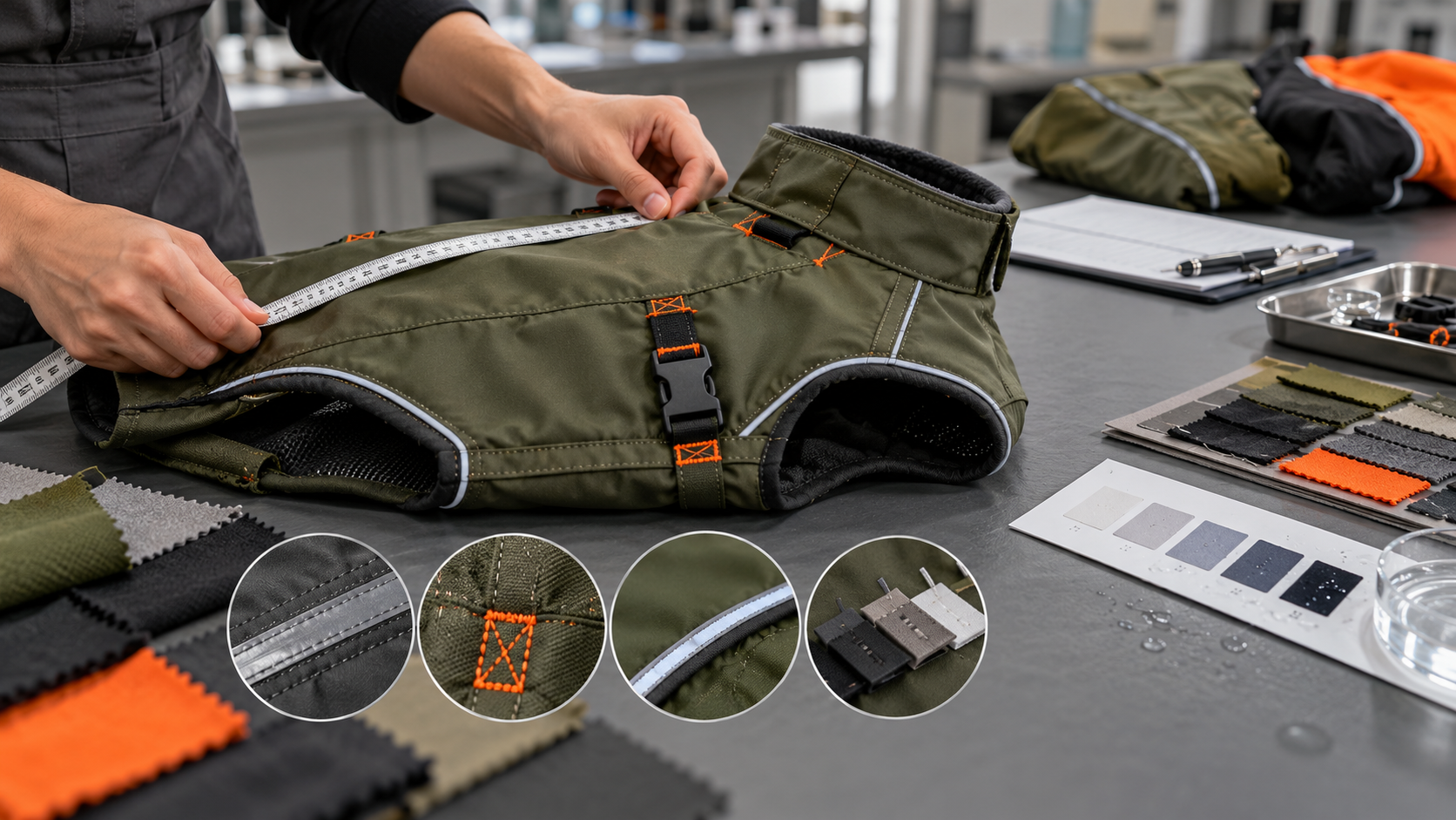 Technician measuring a pet jacket at a quality desk